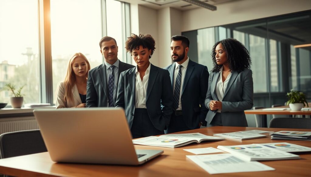 A professional setting showcasing the financial aspects of a dual study program in public service. In the foreground, a diverse group of three students in business attire discuss their financial plans, including a laptop displaying graphs and charts. The middle ground features a modern classroom environment with educational materials related to budgeting and scholarships scattered on tables. In the background, large windows allow soft, natural light to flood the space, creating a vibrant atmosphere. Utilize a Sony A7R IV with a 70mm lens for sharp focus and detail, employing a polarized filter to enhance the visual clarity, capturing the seriousness and optimism of pursuing a dual study degree in public service.